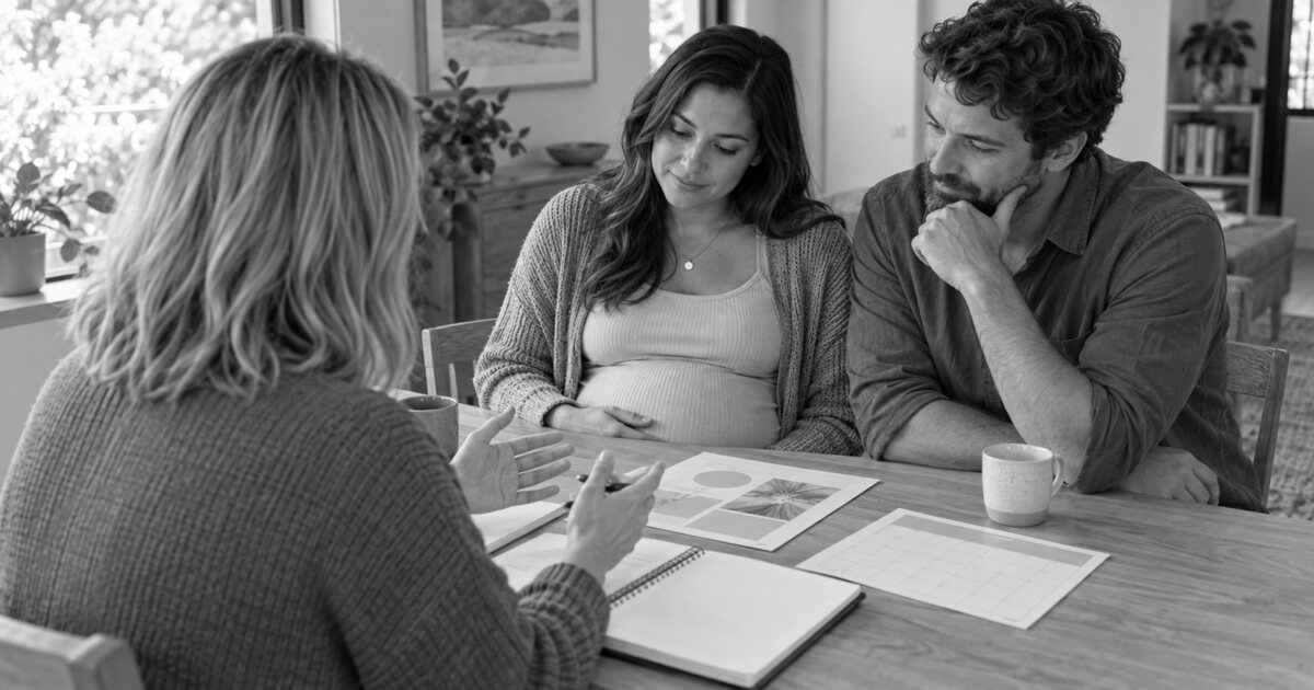 A doula reviewing birth and postpartum support options with expectant parents during a consultation