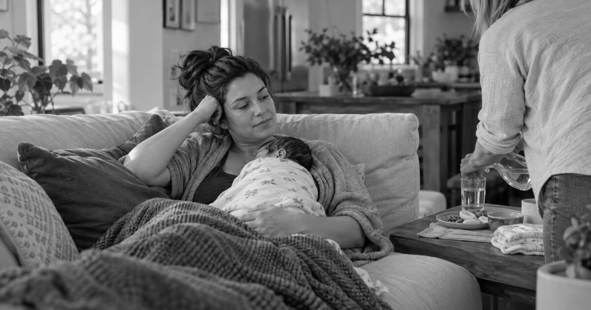 A postpartum doula preparing water and a snack while a new mother rests with her baby at home